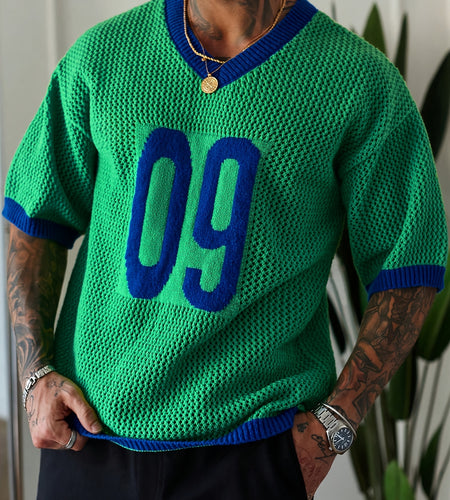 Men Vintage Style Knit Jersey - Loose Fit, Short Sleeve, V-Neck Pullover Fashionable
