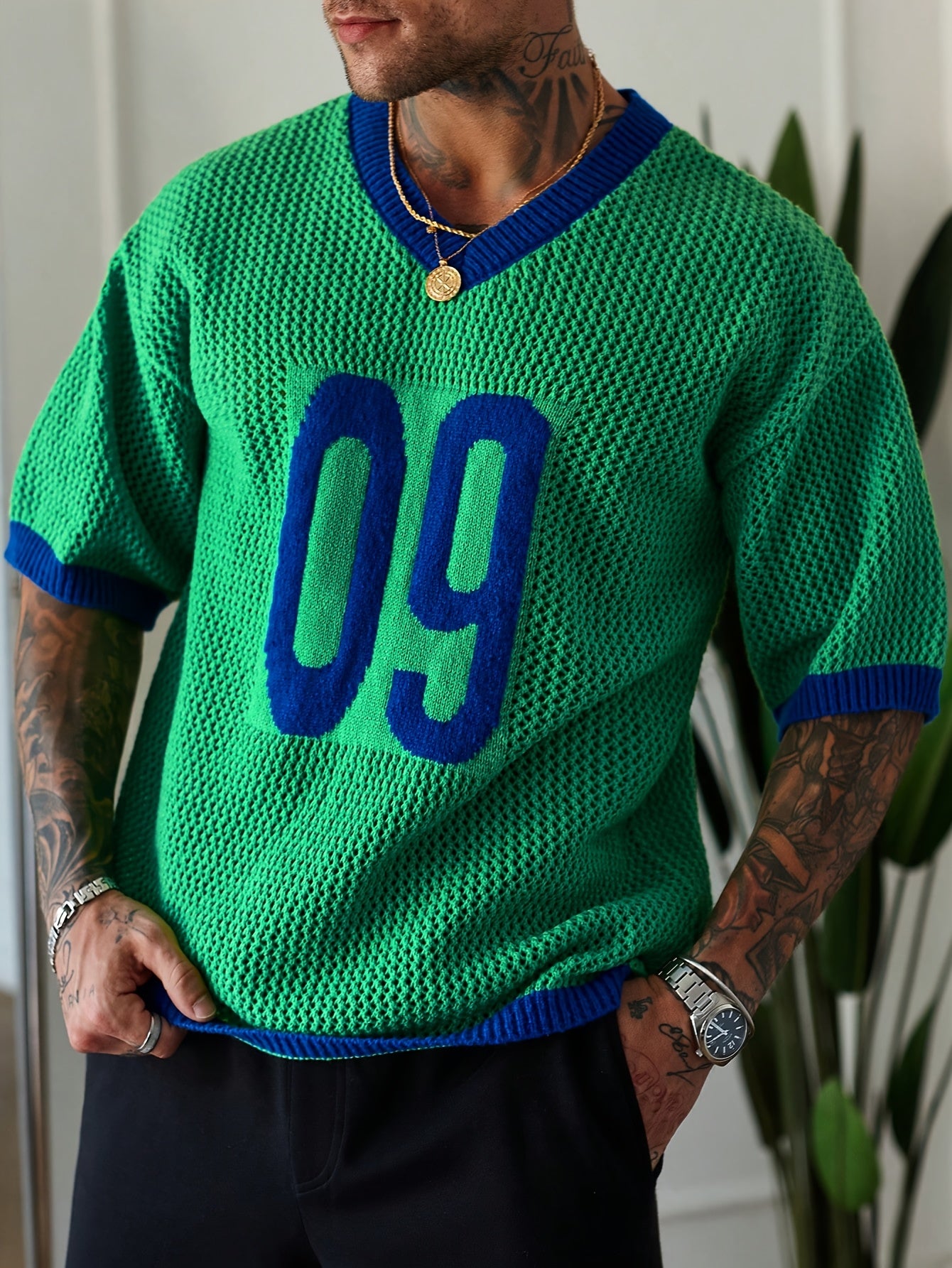 Men Vintage Style Knit Jersey - Loose Fit, Short Sleeve, V-Neck Pullover Fashionable