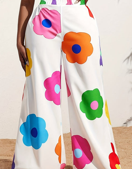 Load image into Gallery viewer, Elegant Floral Print Wide-Leg Pants for Women - High Waist, Non-Stretch, Machine Washable, Comfortable Polyester

