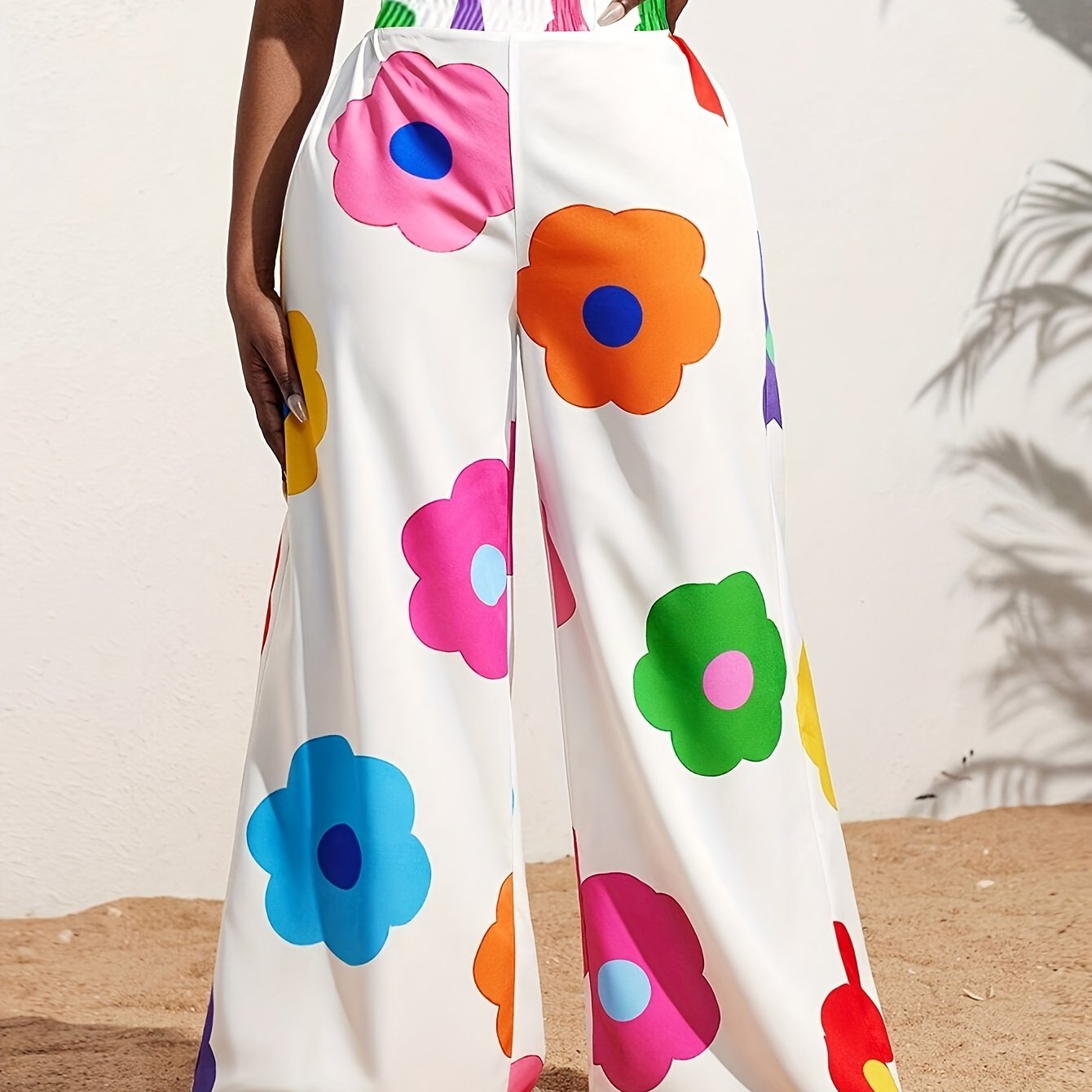 Elegant Floral Print Wide-Leg Pants for Women - High Waist, Non-Stretch, Machine Washable, Comfortable Polyester