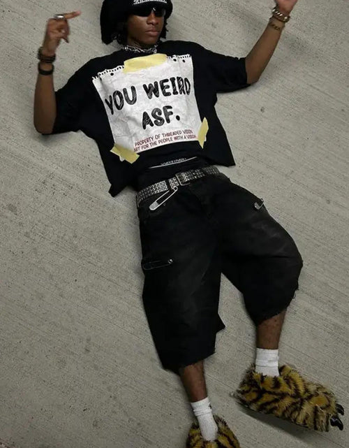 Load image into Gallery viewer, Men&#39;s 100% Cotton  Retro Oversized T-Shirt - Black &amp; Yellow Artist Print Short Sleeve Round Neck Casual Streetwear Tee with Music Producer Style Slogan
