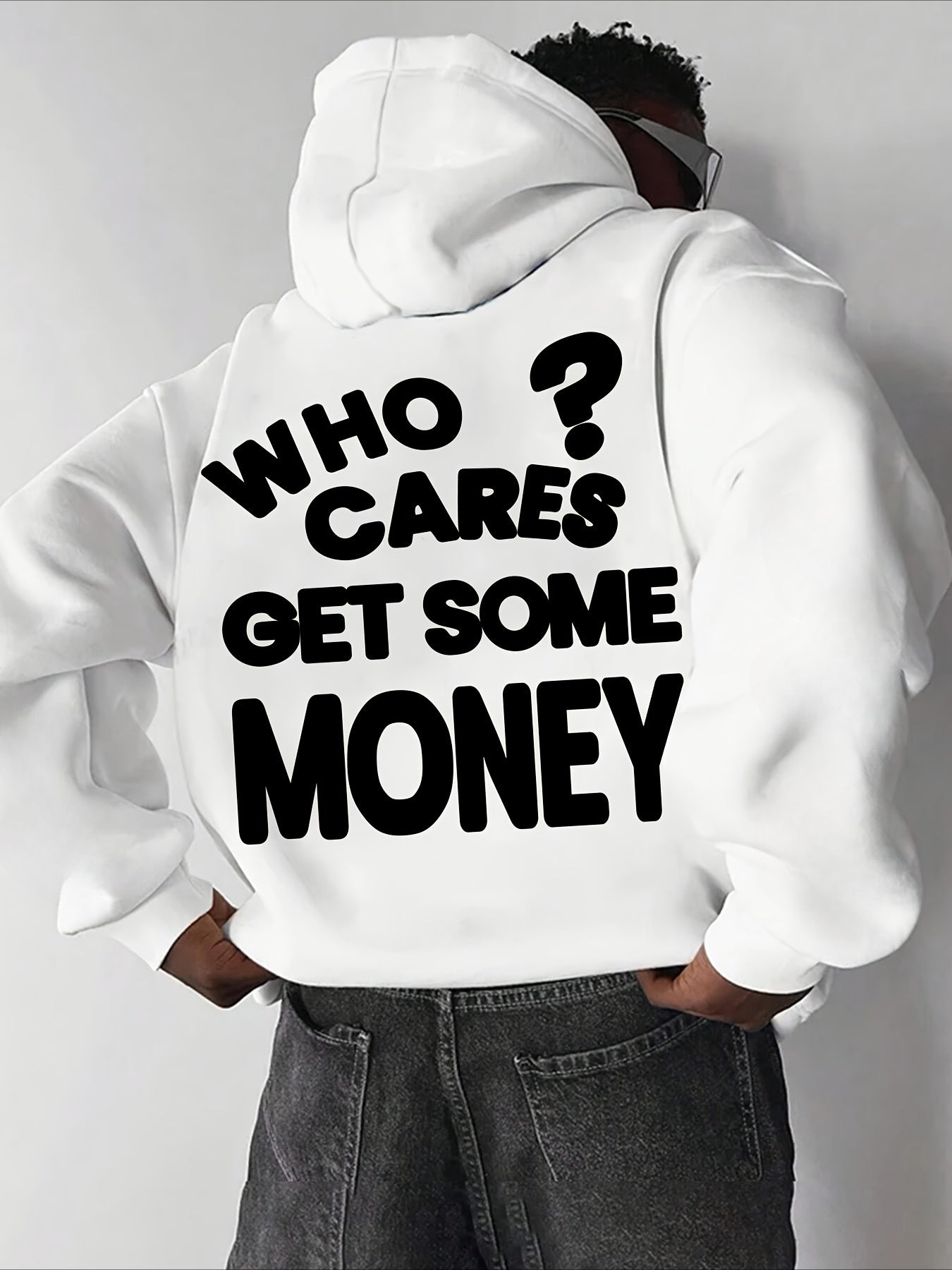 Men Casual Street Style Hoodie - "Who Cares? Get Some Money" Graphic, Loose Fit, Long Sleeve, Polyester, Machine Washable - Perfect for Spring/ Fall, Oversized Hoodie
