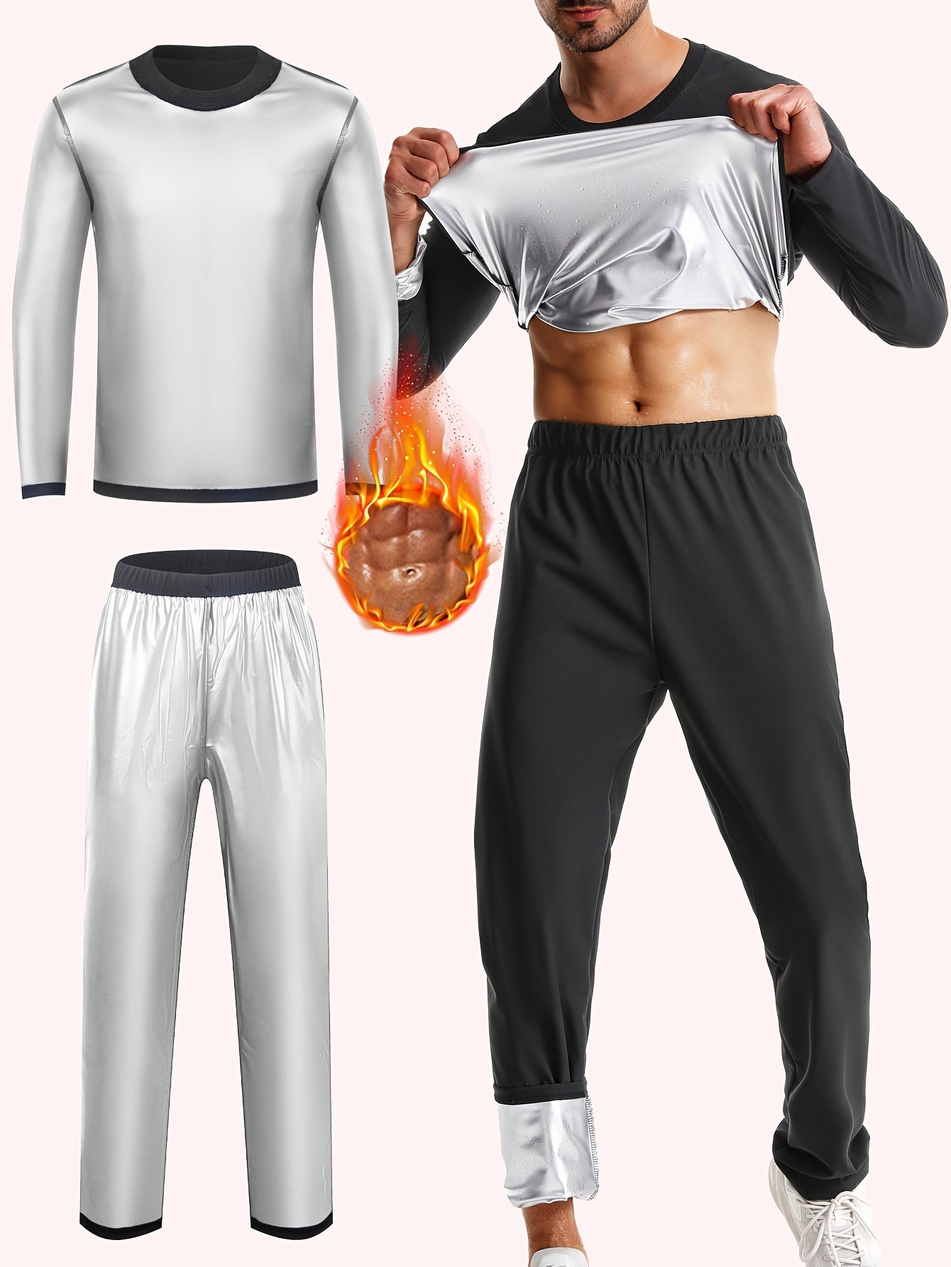 Men's 2pcs Sweat Suit,  Knit Fabric, Crew Neck Long Sleeve & Pants, Quick Sweat Gym Workout Outfit, Universal Fit for Training & Yoga, Solid Color, Slight Stretch, All Seasons