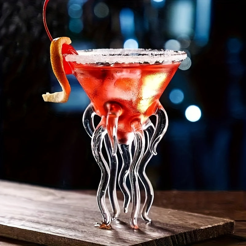 Octopus-Inspired Glass Cocktail Cup with 8-Arm Design - Reusable Hand Wash Only Martini Glass for Seafood-Themed Parties, Barware & Home Entertaining - Durable Recyclable Glass
