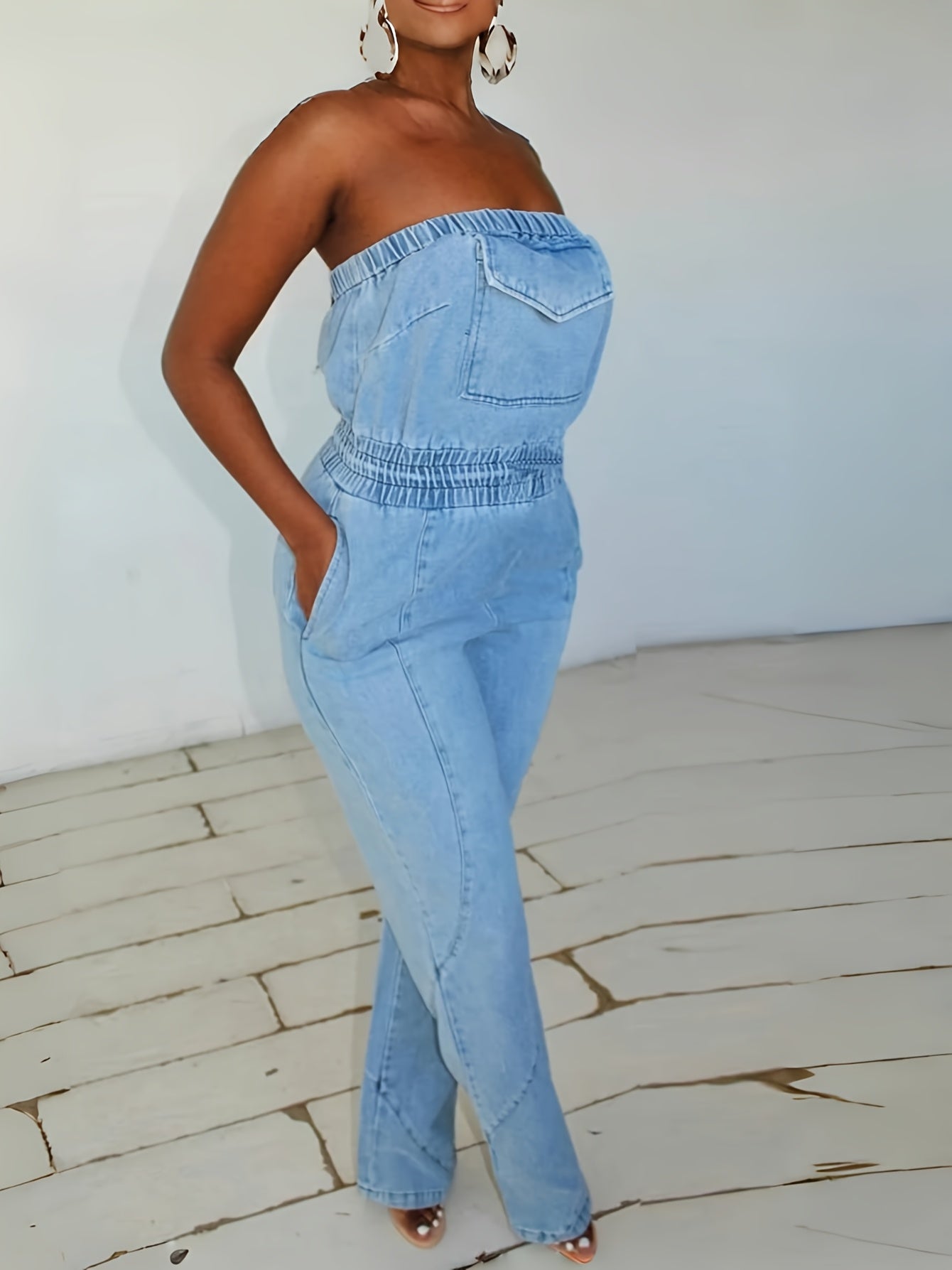 [Y2K Denim Jumpsuit] Sexy Strapless Women's Y2K Denim Jumpsuit | Baggy Wide-Leg Romper with Pockets, 90s Retro Casual Streetwear, Regular Fit Long Length for Spring Summer Fall