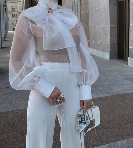 Elegant Plus Size Women'S Blouse with Sexy Bow Collar, Bubble Sleeves, and Pearl Accents - Chic Solid Color Non-Stretch Fabric for All Seasons, Plus Size Blouses