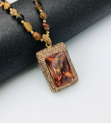 Unique Coffee Color Tiger Eye Stone Pendant Necklace - Stylish Accessory with Natural Stone, Adjustable Chain, and Masculine Design - Perfect Gift for Father, Boyfriend, or Husband
