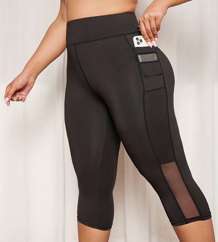[Stretchy Yoga Capris] 3pcs High-Waist Tummy Control Yoga Capris - Stretchy Women's Running & Exercise Leggings with Pockets, Black, Mesh Contrast Design, Side Pockets for Yoga & Workout Gear, Modern Activewear