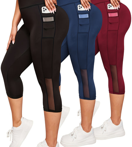 [Stretchy Yoga Capris] 3pcs High-Waist Tummy Control Yoga Capris - Stretchy Women's Running & Exercise Leggings with Pockets, Black, Mesh Contrast Design, Side Pockets for Yoga & Workout Gear, Modern Activewear