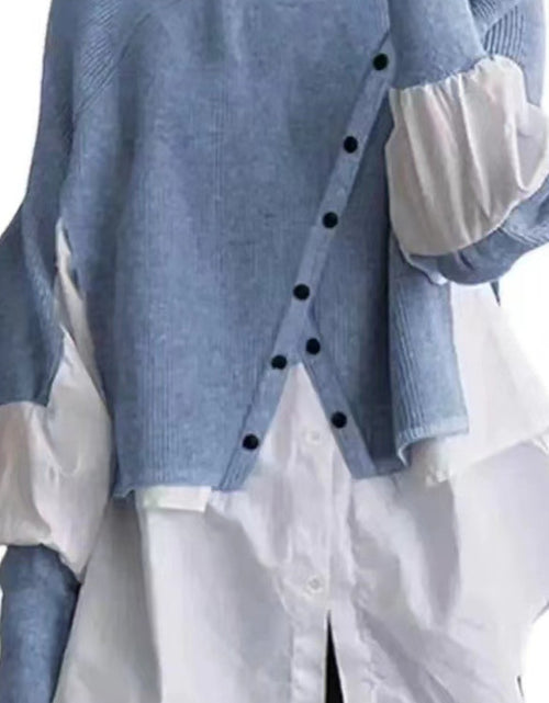 Load image into Gallery viewer, Elegant Two-Piece Sweater Shirt with Puffed Sleeves &amp; Button Front - Long Sleeve Round Neck All-Season Machine Washable Solid Color Outerwear
