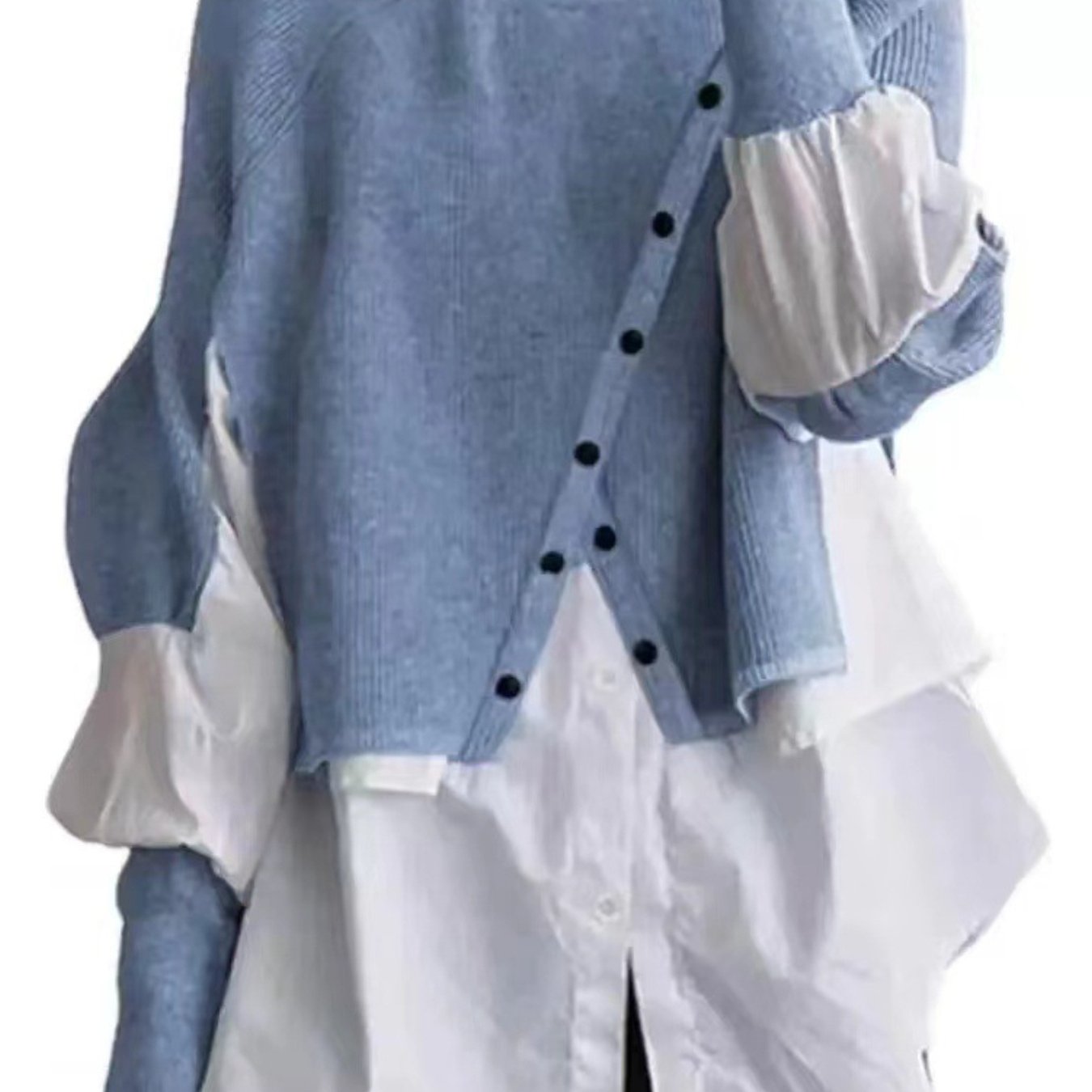 Elegant Two-Piece Sweater Shirt with Puffed Sleeves & Button Front - Long Sleeve Round Neck All-Season Machine Washable Solid Color Outerwear