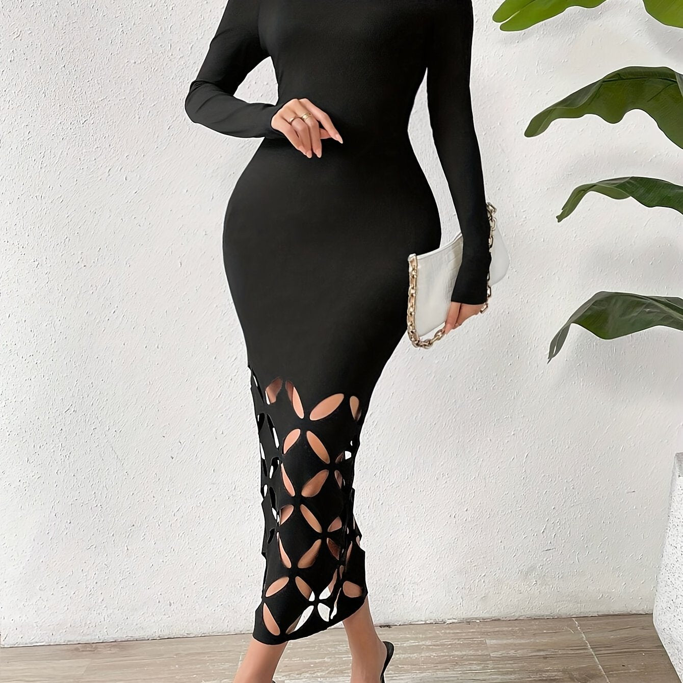 Women's Off-Shoulder Long Sleeve Bodycon Dress - Solid Color with Hollow Cut-Out Details, Stretchy Knit Fabric, Machine Washable, Spring/Summer Casual to Evening Wear