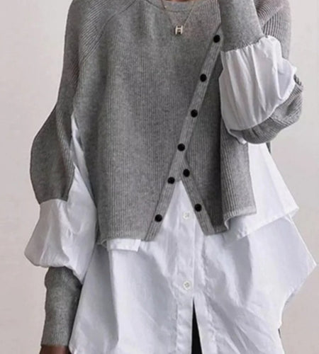 Elegant Two-Piece Sweater Shirt with Puffed Sleeves & Button Front - Long Sleeve Round Neck All-Season Machine Washable Solid Color Outerwear