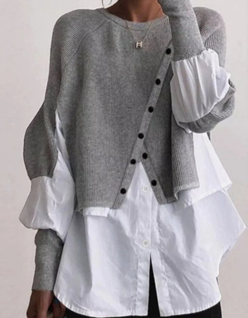 Load image into Gallery viewer, Elegant Two-Piece Sweater Shirt with Puffed Sleeves &amp; Button Front - Long Sleeve Round Neck All-Season Machine Washable Solid Color Outerwear
