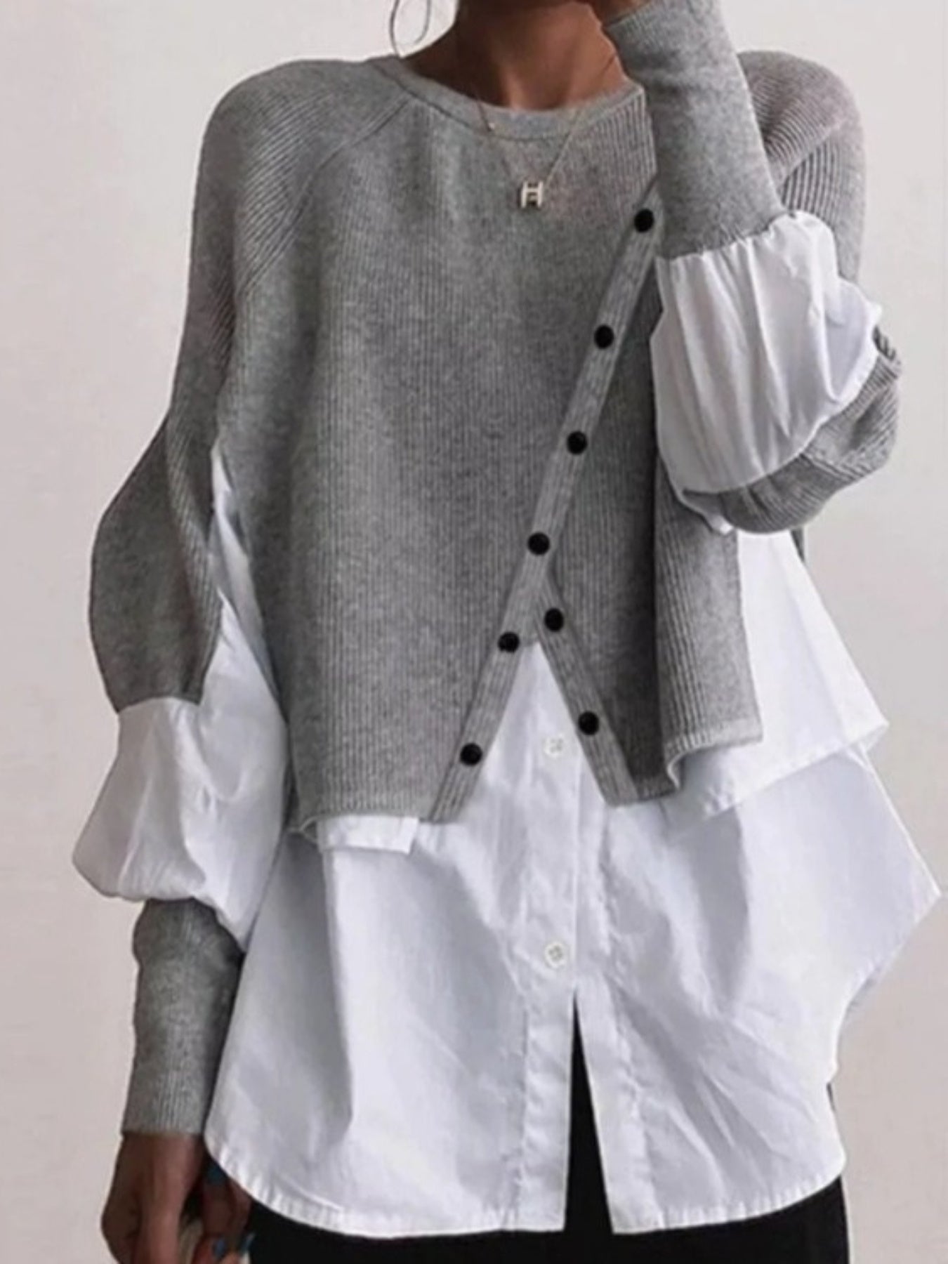 Elegant Two-Piece Sweater Shirt with Puffed Sleeves & Button Front - Long Sleeve Round Neck All-Season Machine Washable Solid Color Outerwear