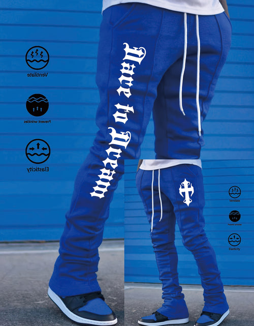 Load image into Gallery viewer, Men&#39;s Stylish Black Flared Pants with White Letter Print - Slim Fit, Anti-Wrinkle, Drawstring Waist, Casual &amp; Hip Hop Joggers for Spring
