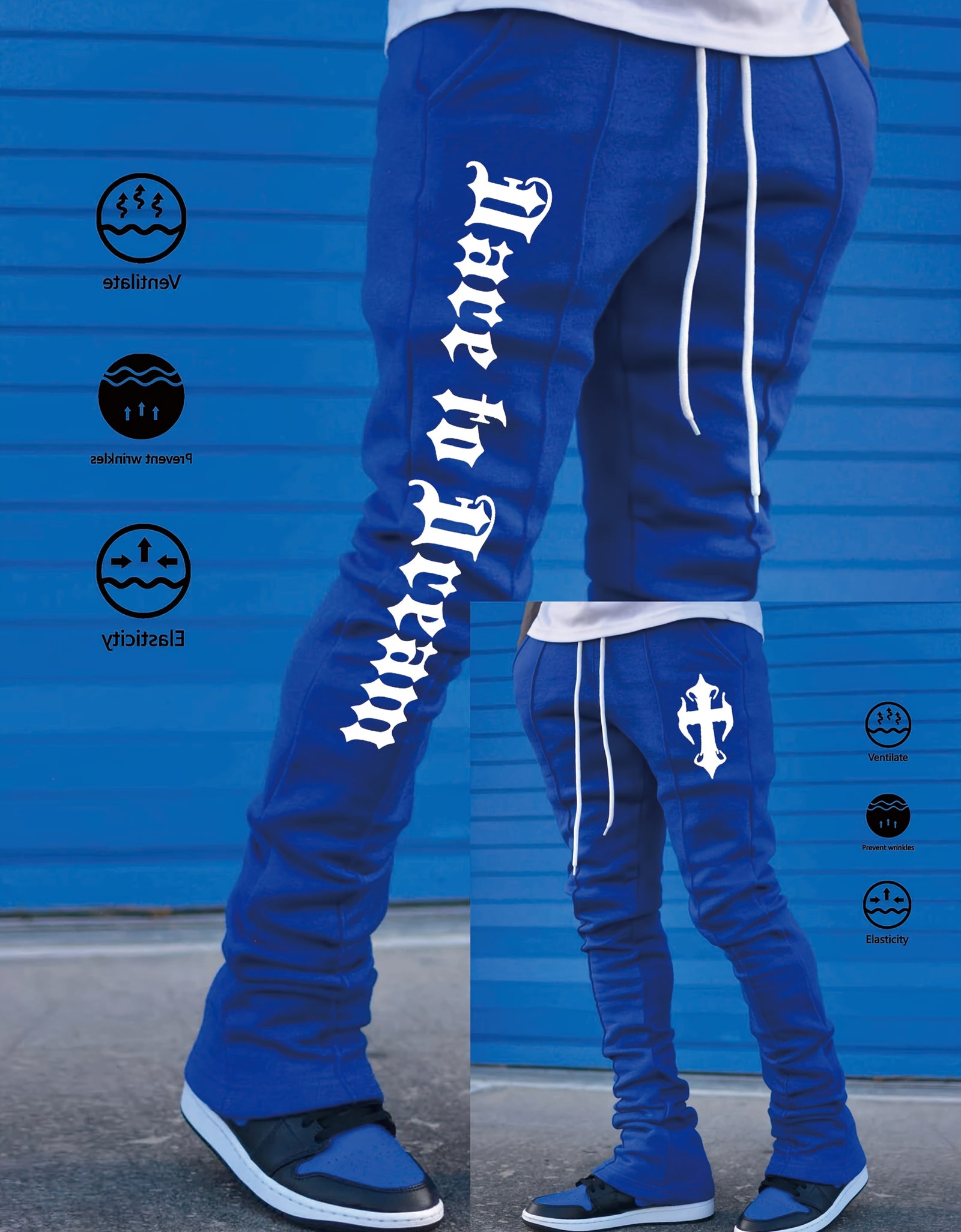 Men's Stylish Black Flared Pants with White Letter Print - Slim Fit, Anti-Wrinkle, Drawstring Waist, Casual & Hip Hop Joggers for Spring