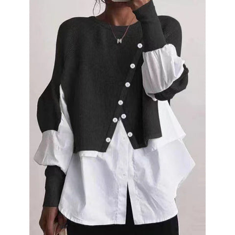 Elegant Two-Piece Sweater Shirt with Puffed Sleeves & Button Front - Long Sleeve Round Neck All-Season Machine Washable Solid Color Outerwear
