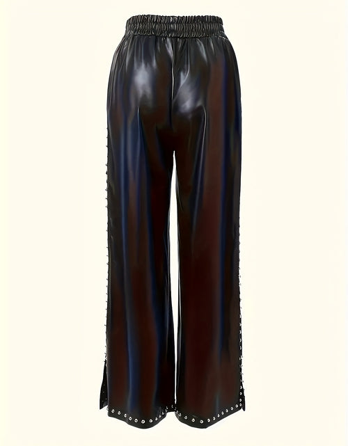 Load image into Gallery viewer, Stylish Faux Leather Women High-Waisted Wide Leg Pants with Beaded Details and Slit Hem
