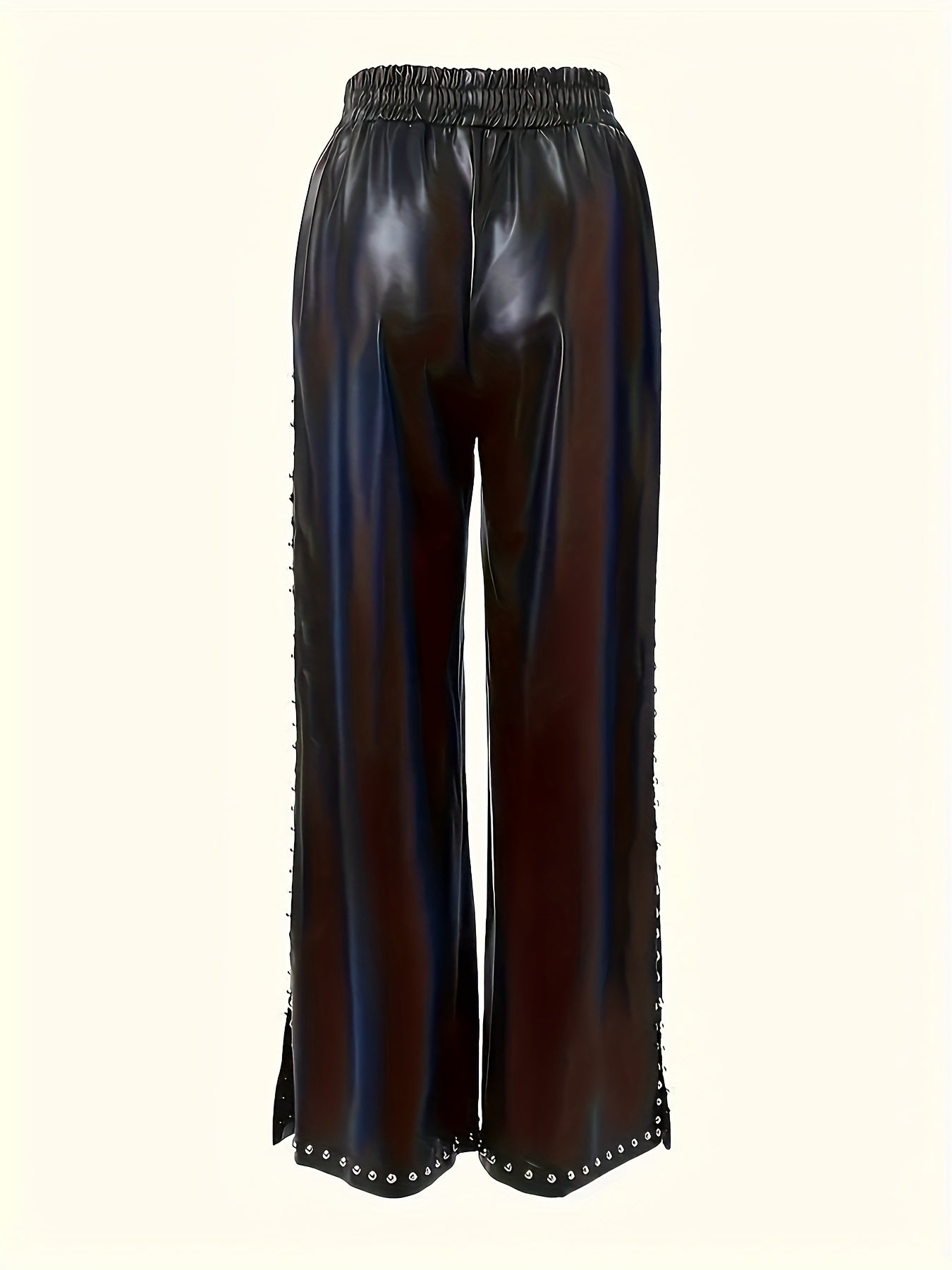 Stylish Faux Leather Women High-Waisted Wide Leg Pants with Beaded Details and Slit Hem