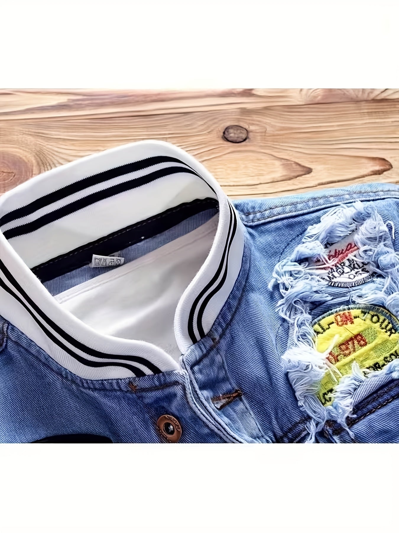 Men Vintage-Style Distressed Denim Jacket - Slim Fit Fashionable Motorcycle Outerwear, Featuring Embroidery Design, Blue Casual Streetwear, Trendy And Stylish, Distressed Denim Apparel | Classic Baseball Jacket Style Design