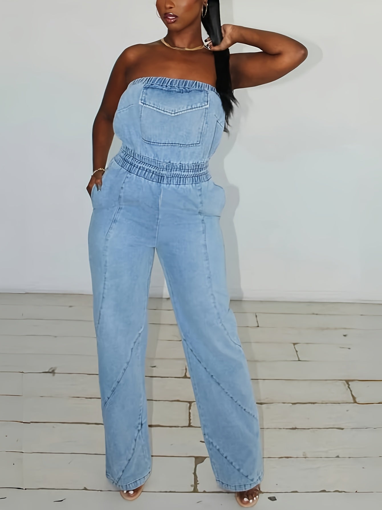 [Y2K Denim Jumpsuit] Sexy Strapless Women's Y2K Denim Jumpsuit | Baggy Wide-Leg Romper with Pockets, 90s Retro Casual Streetwear, Regular Fit Long Length for Spring Summer Fall