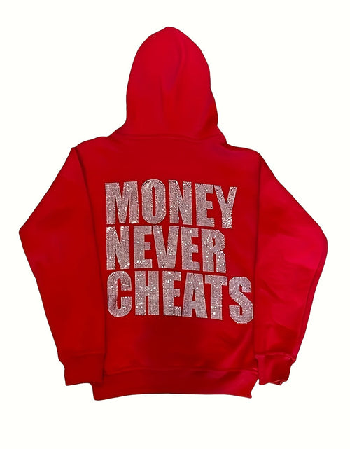 Load image into Gallery viewer, Women&#39;s Y2K  Hoodie with &quot;MONEY NEVER CHEATS&quot; Rhinestone Lettering - Emerald Green Zip-Up Sweatshirt, Front &amp; Back Sparkling Diamond Print, Machine Washable Regular Fit, All season Sweatshirt
