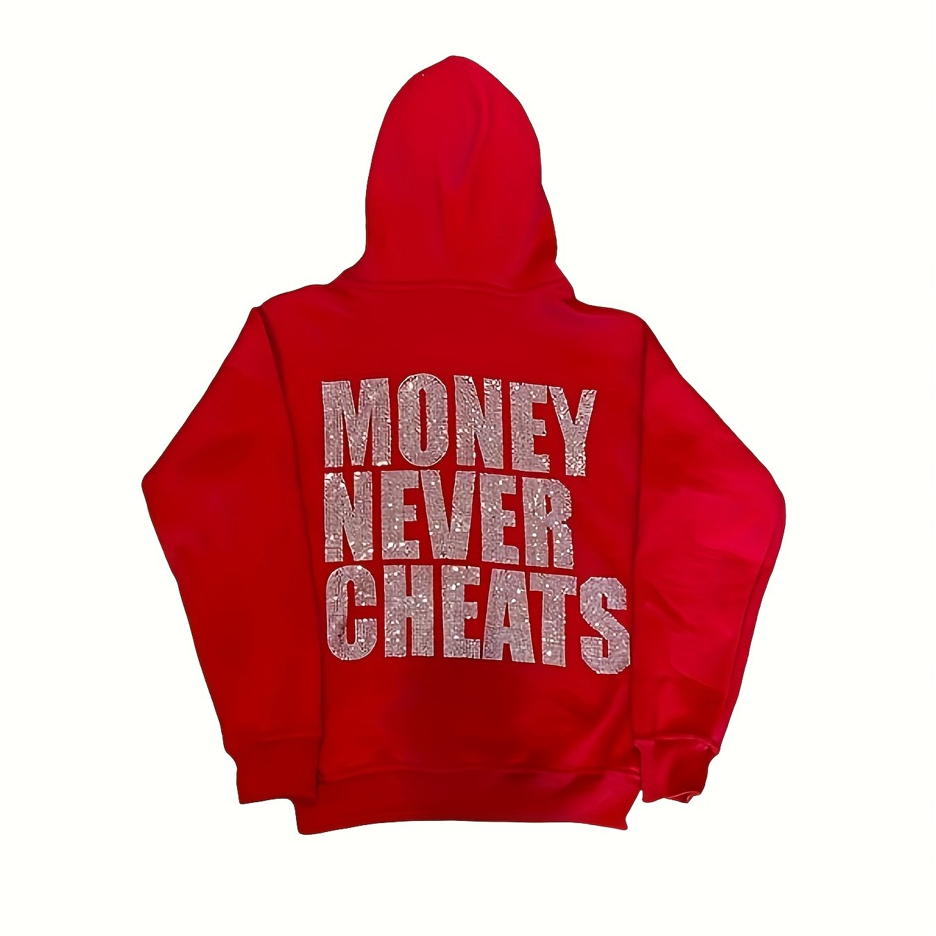 Women's Y2K  Hoodie with "MONEY NEVER CHEATS" Rhinestone Lettering - Emerald Green Zip-Up Sweatshirt, Front & Back Sparkling Diamond Print, Machine Washable Regular Fit, All season Sweatshirt