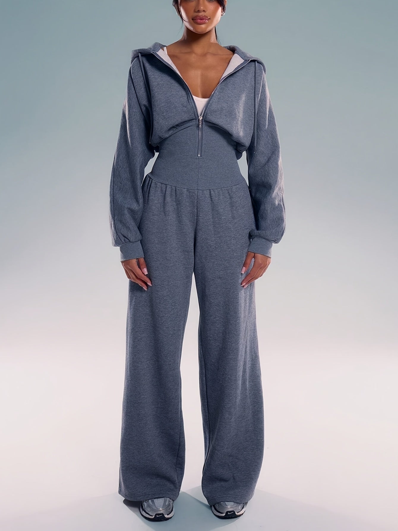 Women's Casual Solid Color Hooded Zipper Jumpsuit - Long Sleeve Elastic Waist Pantsuit, Machine Washable Spring & Autumn Outfit for Casual Attire, Comfortable Leisurewear, Durable Leisurewear