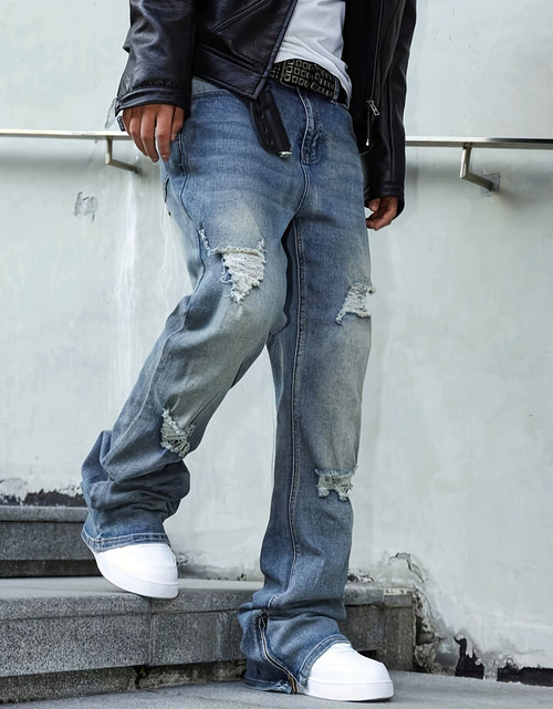 Load image into Gallery viewer, Men's straight-leg distressed jeans- mid-rise, stretch blend, leg zipper design, street style, ripped details, comfortable and versatile,  stylish long pants Slim-fit jeans Durable fabric
