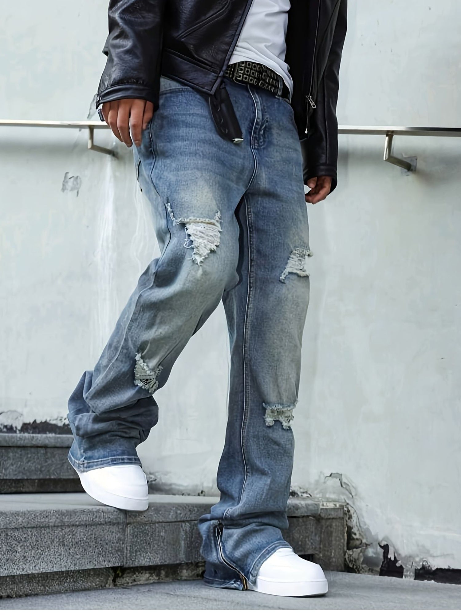 Men's straight-leg distressed jeans- mid-rise, stretch blend, leg zipper design, street style, ripped details, comfortable and versatile,  stylish long pants Slim-fit jeans Durable fabric