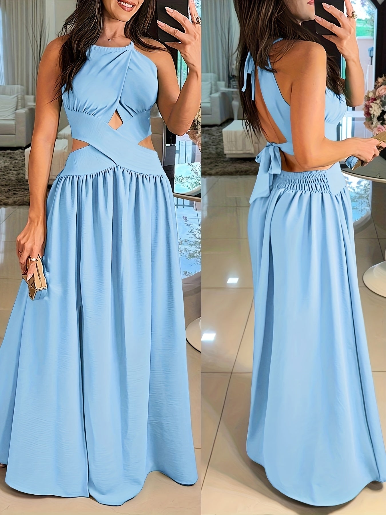 Sexy Backless Women's Evening Gown | Long Flared Skirt Formal Party Dress with Waist Cross Straps & Open Back, Round Neck Spring Summer Casual to Formal Attire