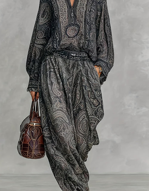 Load image into Gallery viewer, Women Elegant Vintage Paisley Print Chiffon Long-Sleeve Top with a Stand Collar, Paired with Loose-Fitting Wide-Leg Pants for Casual Everyday Wear
