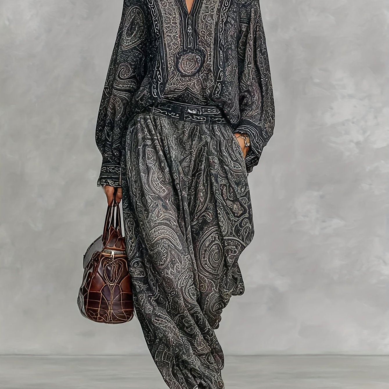 Women Elegant Vintage Paisley Print Chiffon Long-Sleeve Top with a Stand Collar, Paired with Loose-Fitting Wide-Leg Pants for Casual Everyday Wear