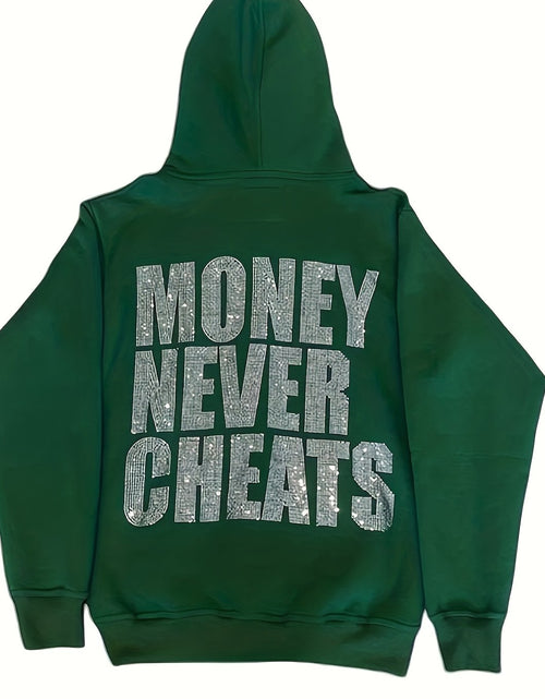 Load image into Gallery viewer, Women&#39;s Y2K  Hoodie with &quot;MONEY NEVER CHEATS&quot; Rhinestone Lettering - Emerald Green Zip-Up Sweatshirt, Front &amp; Back Sparkling Diamond Print, Machine Washable Regular Fit, All season Sweatshirt
