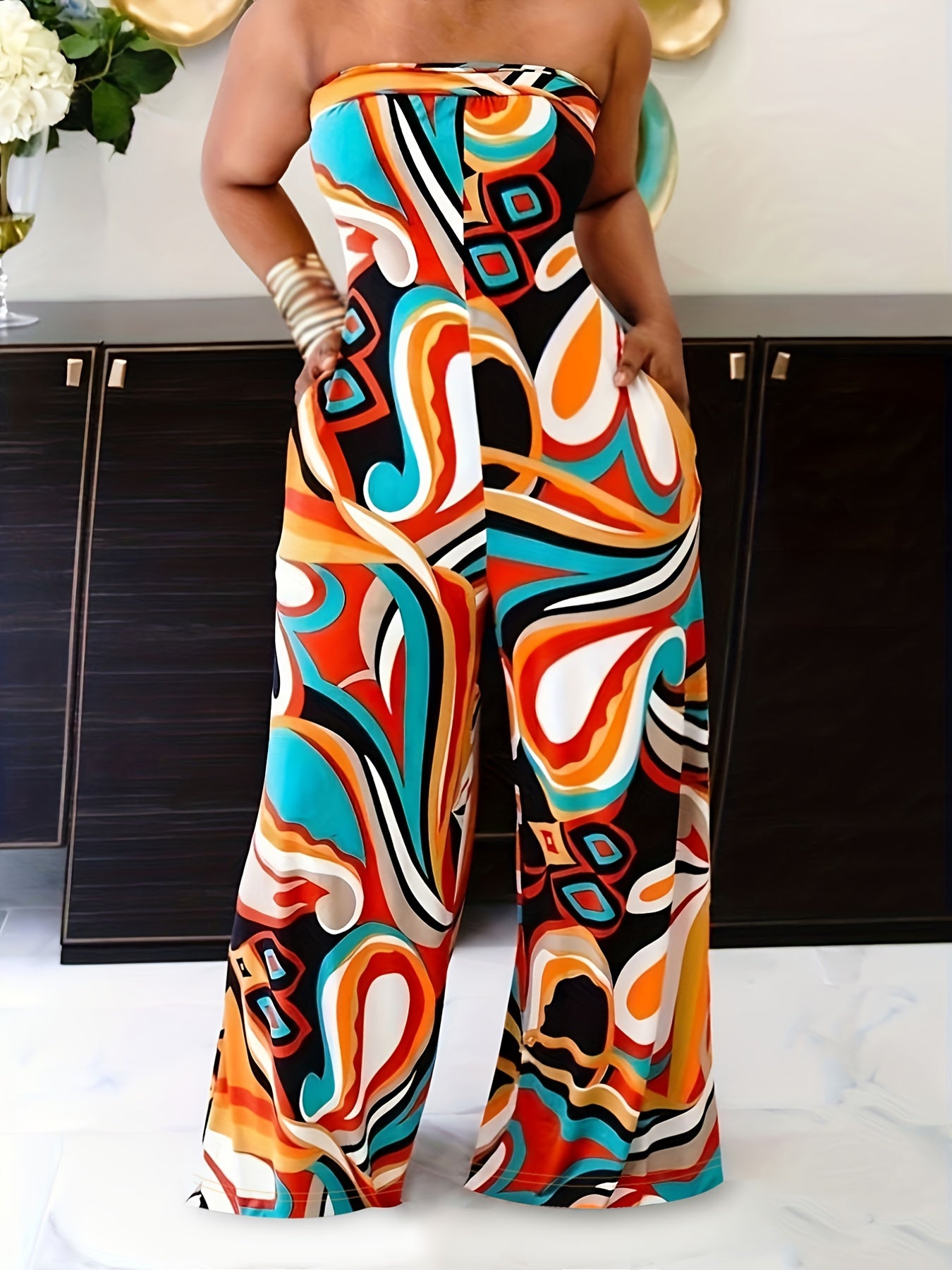 Women Elegant Jumpsuits, Colorful Bandeau Tops, Straight Pants, Sleeveless Loose Trousers