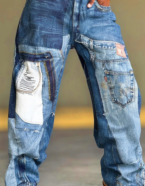 Load image into Gallery viewer, Women Non-Stretch Jeans - Oversized Straight Leg Pants with Button Closure, Plus Size Friendly, Casual Everyday Jeans for Fall/Winter Outfits   Durable Fabric, Patchwork Design, Sturdy Construction,
