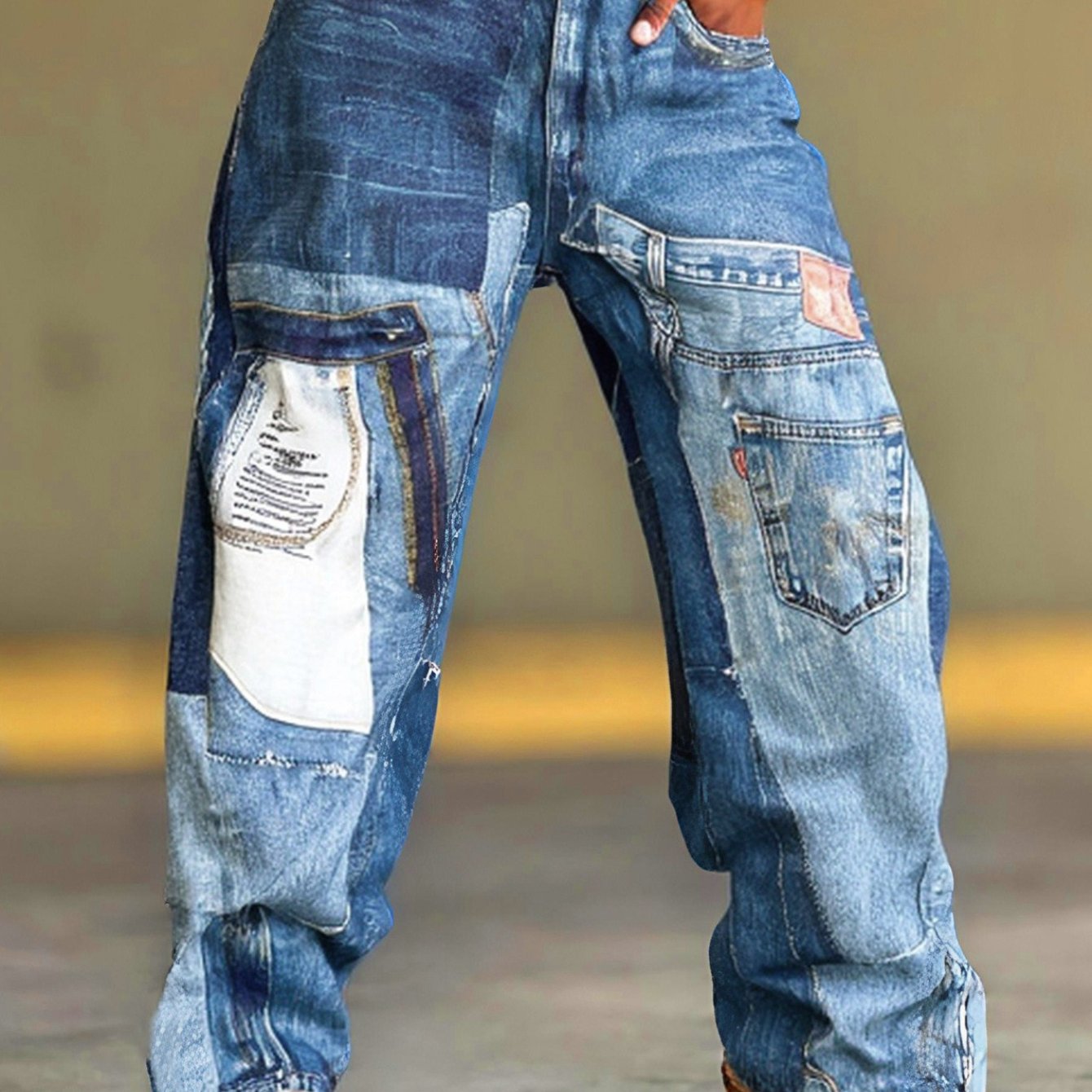 Women Non-Stretch Jeans - Oversized Straight Leg Pants with Button Closure, Plus Size Friendly, Casual Everyday Jeans for Fall/Winter Outfits   Durable Fabric, Patchwork Design, Sturdy Construction,
