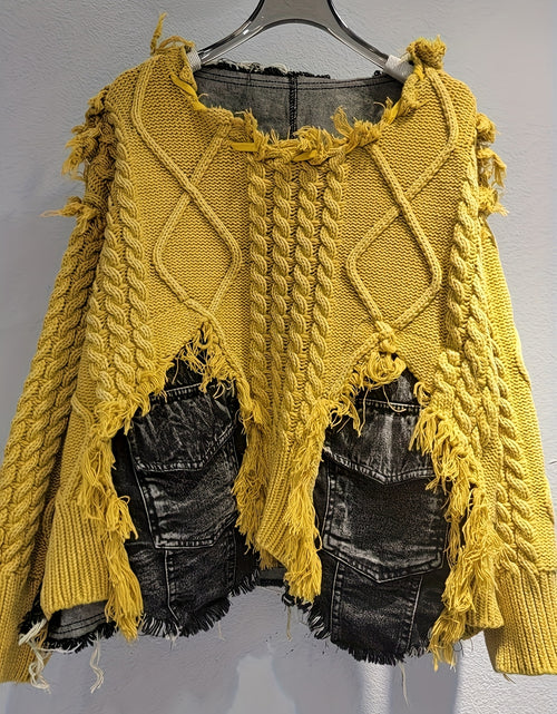 Load image into Gallery viewer, Trendy Braided Patchwork Denim Crewneck Long-Sleeve Cropped Sweater for Women, Fall/ Winter 2025
