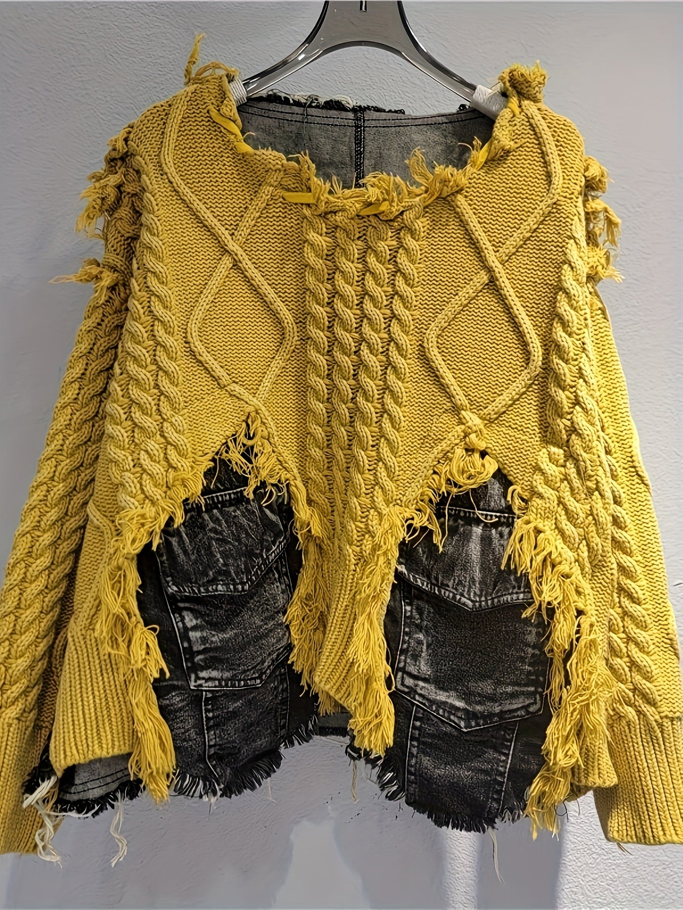 Trendy Braided Patchwork Denim Crewneck Long-Sleeve Cropped Sweater for Women, Fall/ Winter 2025