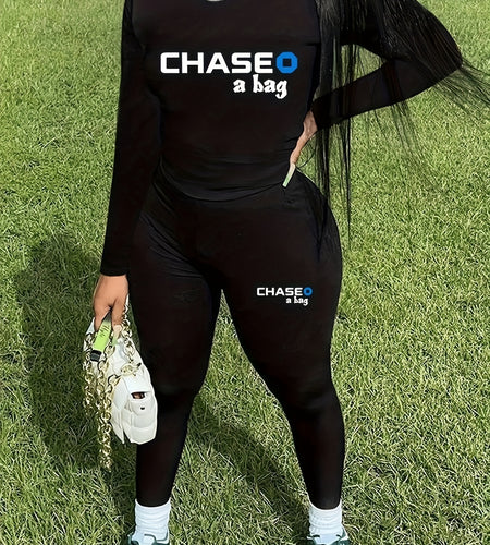 Two-Piece Chic Outfit - Crew Neck Long Sleeve Tee and Slim Fit Pants Set with Letter Print - Womens Fashion Clothing for Everyday Wear