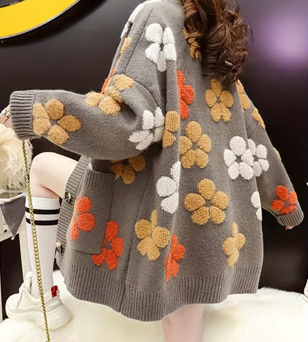 Women's Flower Print Cardigan V-Neck Short Eye-Catching 100% Polyester Button Detail Micro Elasticity Casual Knit Cardigan
