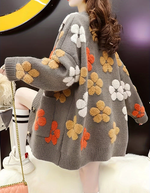 Load image into Gallery viewer, Women&#39;s Flower Print Cardigan V-Neck Short Eye-Catching 100% Polyester Button Detail Micro Elasticity Casual Knit Cardigan
