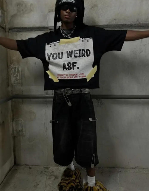 Load image into Gallery viewer, Men&#39;s 100% Cotton  Retro Oversized T-Shirt - Black &amp; Yellow Artist Print Short Sleeve Round Neck Casual Streetwear Tee with Music Producer Style Slogan
