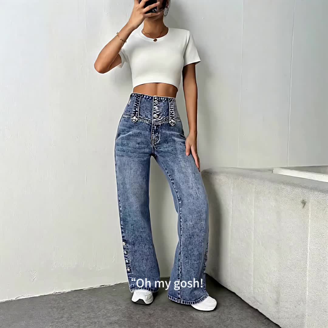 Women's Wide- Button Waist & Cuff Jeans - Loose-Fit - Pants with Button-Foot Closure, Elastic for Daily Wear (Machine Washable, Casual Wide Pants