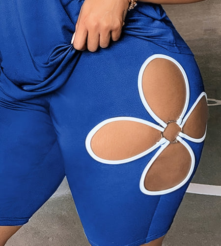 Plus Size Sports Floral Hollow Out Thin Short Set, Crew Neck, Color Block Pattern, Medium Stretch Polyester 90% Elastane 10% Fabric