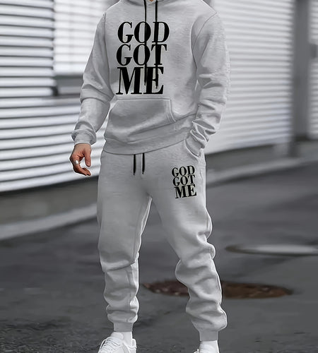 Casual Hoodie And Sweatpants Set - Fleece Lining, Long Sleeves, Printed Design | Machine Washable