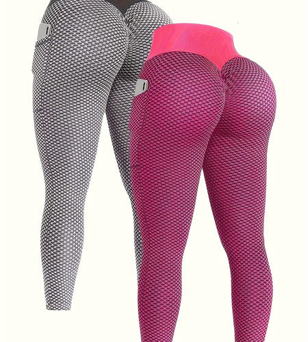 Stretchy High Waisted 2-Pack Seersucker Yoga Leggings for Women - Geometric-Pattern Polyester Knit Fabric - All-Season Track Pants with Pockets