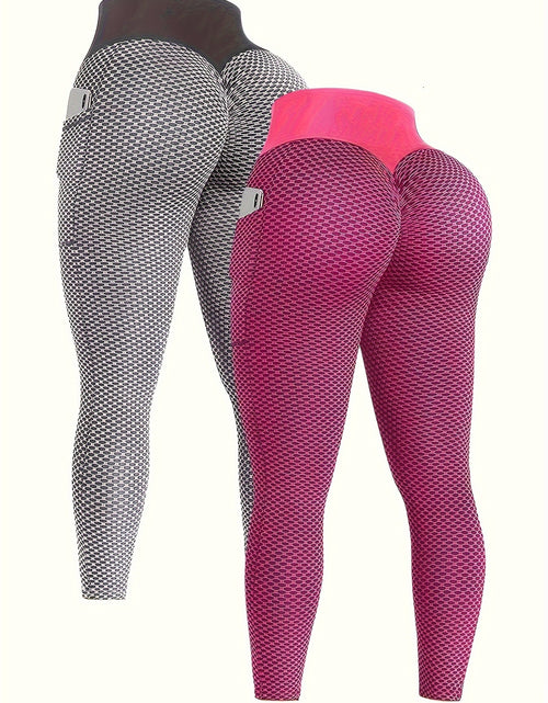 Load image into Gallery viewer, Stretchy High Waisted 2-Pack Seersucker Yoga Leggings for Women - Geometric-Pattern Polyester Knit Fabric - All-Season Track Pants with Pockets
