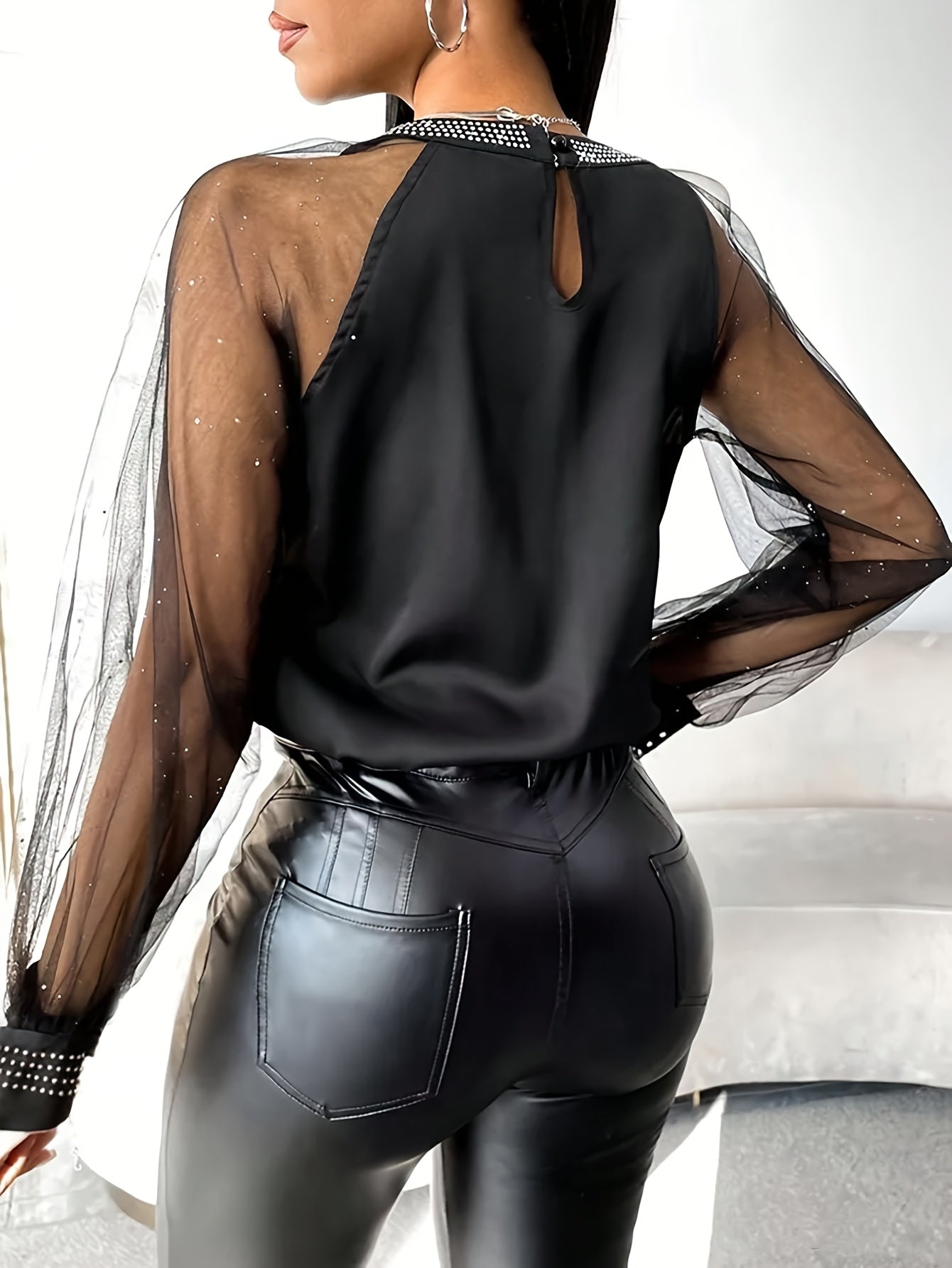 Elegant Women Black Blouse | Round Neck, Long Sleeves, Machine Washable, Breathable Fabric, Sophisticated Detailing Very Fashionable